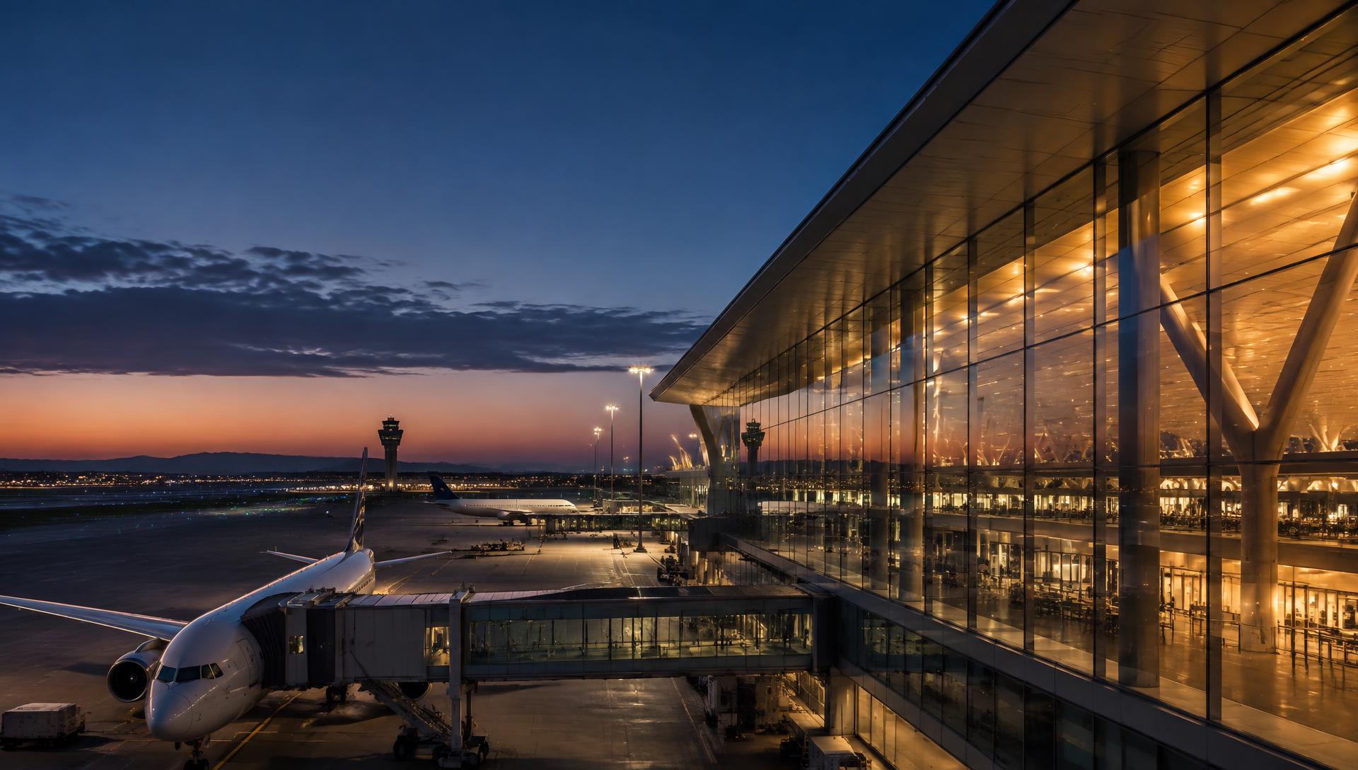 Modern international airport terminal at dusk with aircraft at the gates